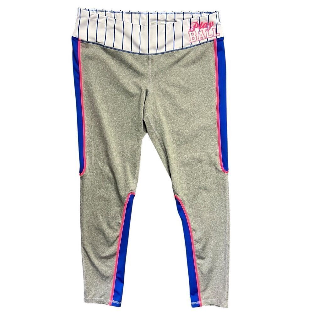 Material Girl Active‎ Leggings Play Ball Baseball Stripe Waist Gray Blue Pink L